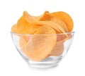 Bowl with tasty crispy potato chips on white background Royalty Free Stock Photo