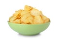 Bowl with tasty crispy potato chips on white background Royalty Free Stock Photo