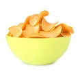 Bowl with tasty crispy potato chips on white background Royalty Free Stock Photo