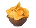 Bowl with tasty crispy potato chips on white background Royalty Free Stock Photo