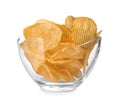 Bowl with tasty crispy potato chips on white background Royalty Free Stock Photo