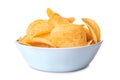 Bowl with tasty crispy potato chips on white background Royalty Free Stock Photo