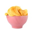 Bowl with tasty crispy potato chips on white background