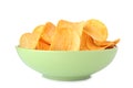 Bowl with tasty crispy potato chips on white background Royalty Free Stock Photo