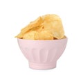 Bowl with tasty crispy potato chips on white background Royalty Free Stock Photo