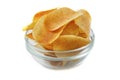 Bowl of tasty crispy potato chips on white background. Fast food snack Royalty Free Stock Photo