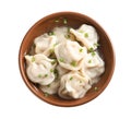 Bowl of tasty dumplings in broth isolated on white Royalty Free Stock Photo