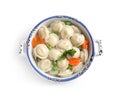 Bowl of tasty dumplings in broth isolated on, top view Royalty Free Stock Photo
