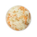 Bowl of tasty fermented cabbage on white, top view