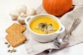 Bowl of Tasty Homemade Pumpkin Cream Soup decotated with Mushrooms and Pumpkin Seeds White Wooden Background Galette Horizontal