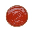 Bowl of tasty ketchup on white, top view. Tomato sauce