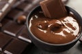 Bowl with tasty melted chocolate and hazelnuts, closeup