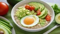 Bowl with tasty oatmeal, eggs and vegetables, closeup. Generative AI