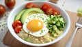 Bowl with tasty quinoa porridge and fried egg, closeup. Generative AI