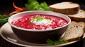 Bowl with tasty red borscht soup.