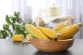 Bowl with tasty sweet corn cobs Royalty Free Stock Photo