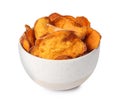 Bowl of tasty sweet potato chips isolated on white Royalty Free Stock Photo
