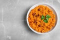 Bowl of tasty sweet potato puree on grey marble table, top view. Royalty Free Stock Photo