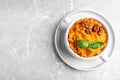 Bowl of tasty sweet potato puree on grey marble table, top view Royalty Free Stock Photo