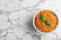 Bowl of tasty sweet potato puree on marble table, top view Royalty Free Stock Photo