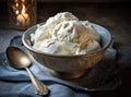 Bowl with tasty vanilla ice cream on table against light background. Created with Generative AI technology. Royalty Free Stock Photo