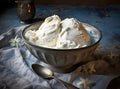 Bowl with tasty vanilla ice cream on table against light background. Created with Generative AI technology. Royalty Free Stock Photo