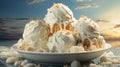 Bowl with tasty vanilla ice cream on table against light background. generative ai Royalty Free Stock Photo
