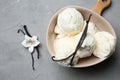 Bowl with tasty vanilla ice-cream on table Royalty Free Stock Photo