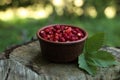 Bowl of tasty wild strawberries and green leaves on stump against blurred background