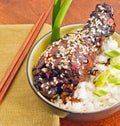 Bowl of teriyaki and sesame chicken on white rice Royalty Free Stock Photo