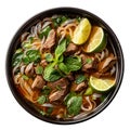 Bowl of Thai soup with beef, rice vermicelli and lime isolated on transparent background.
