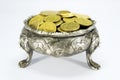 Bowl on three lions feet with coins Royalty Free Stock Photo