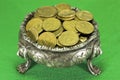 Bowl on three lions feet with coins Royalty Free Stock Photo