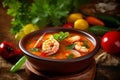 Bowl of Tom Yum Goong, spicy shrimp soup, Thailand food. Generative AI