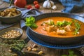 Bowl with tomato cream soup with pine seeds and croutons Royalty Free Stock Photo