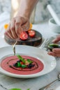 Bowl of tomato soup with basil on white background. Cold pink tomato soup. Restaurant supply.