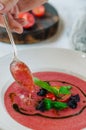 Bowl of tomato soup with basil on white background. Cold pink tomato soup. Restaurant supply. The chef decorates the dish.