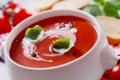 Bowl of tomato soup with cream and basil Royalty Free Stock Photo