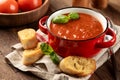 Bowl of tomato soup garnished with basil leaves Royalty Free Stock Photo