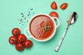 Bowl with tomato soup and ingredients on mint background