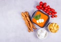 Bowl of tomato soup with mozzarella and croutons Royalty Free Stock Photo