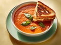 Bowl of tomato soup with a slice of bread