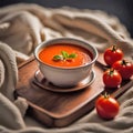 Bowl Of Tomato Soup On Wooden Tray