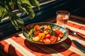 a bowl of tomatoes and spinach on a table next to a glass of water