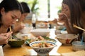 A Bowl of Tomyum Spicy noodle soup with blur background