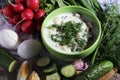 A bowl with traditinal Russian cuisine soup okroshka Royalty Free Stock Photo