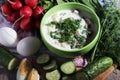 A bowl with traditinal Russian cuisine soup okroshka Royalty Free Stock Photo