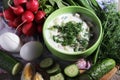 A bowl with traditinal Russian cuisine soup okroshka