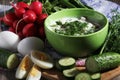 A bowl with traditinal Russian cuisine soup okroshka