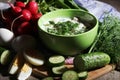 A bowl with traditinal Russian cuisine soup okroshka